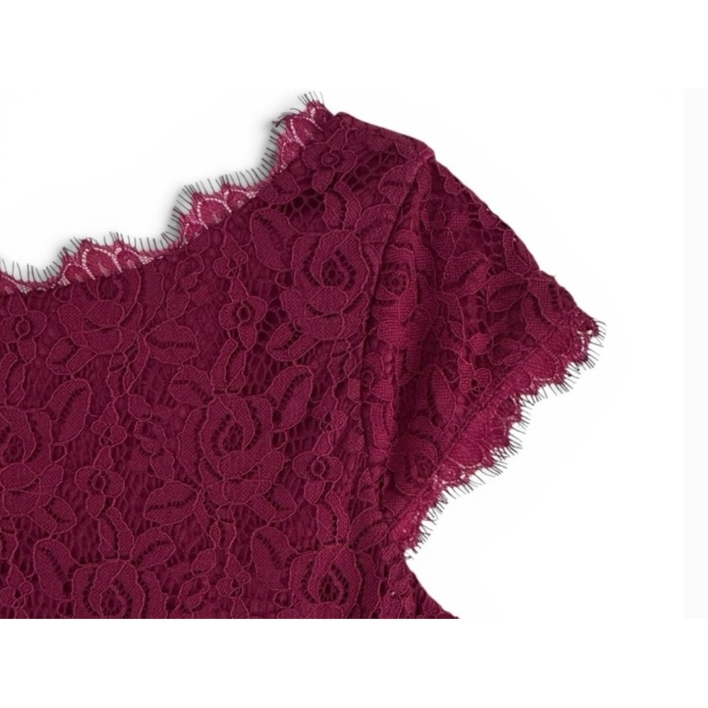 Eliza J Burgundy Lace Sheath Dress Cap Sleeve Scalloped Eyelash Trim Size 12 - Picture 10 of 12